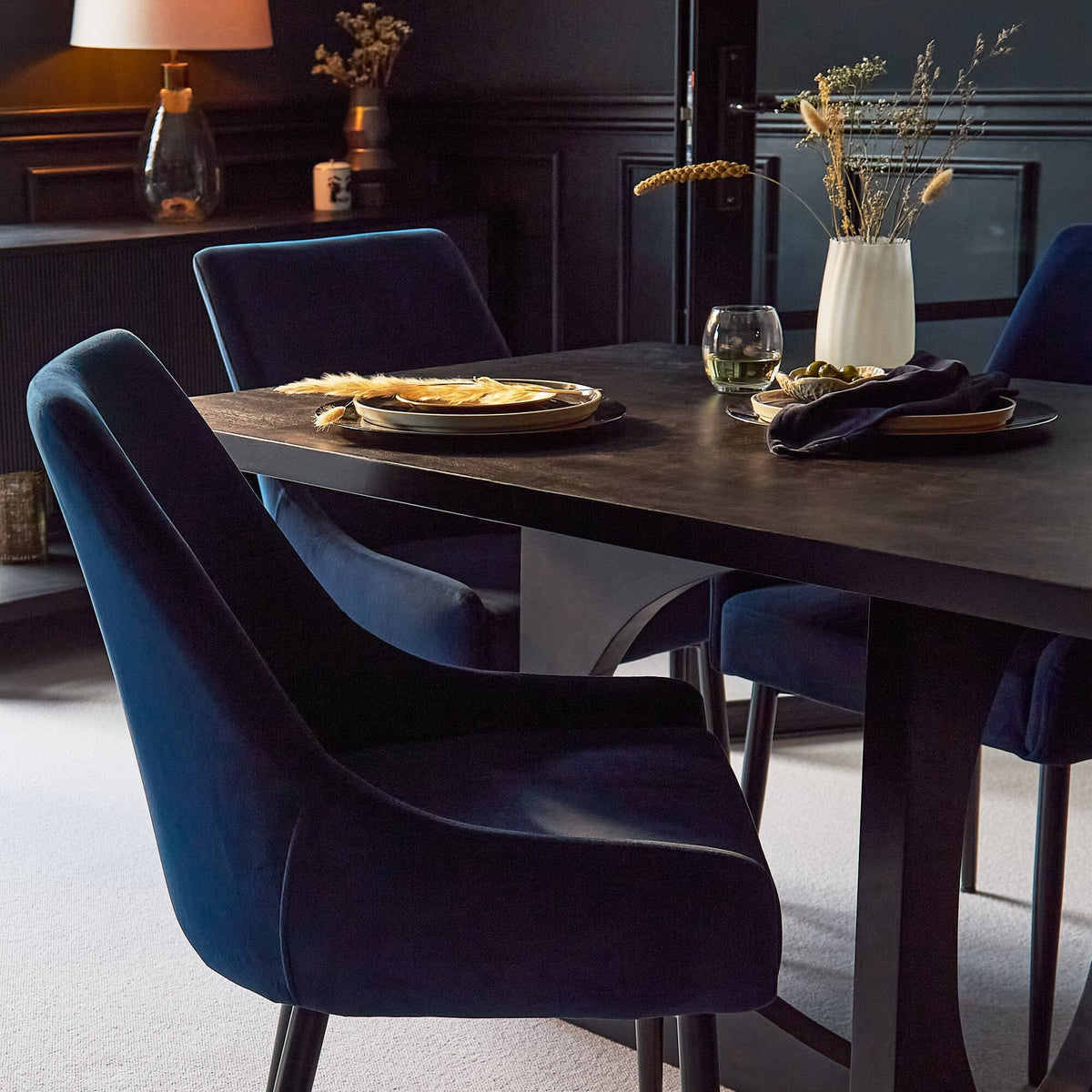 Jade Jet Black Rectangular Acacia Dining Table Set - 6 Seater - Maeve Ink Dining Chairs with Black Legs