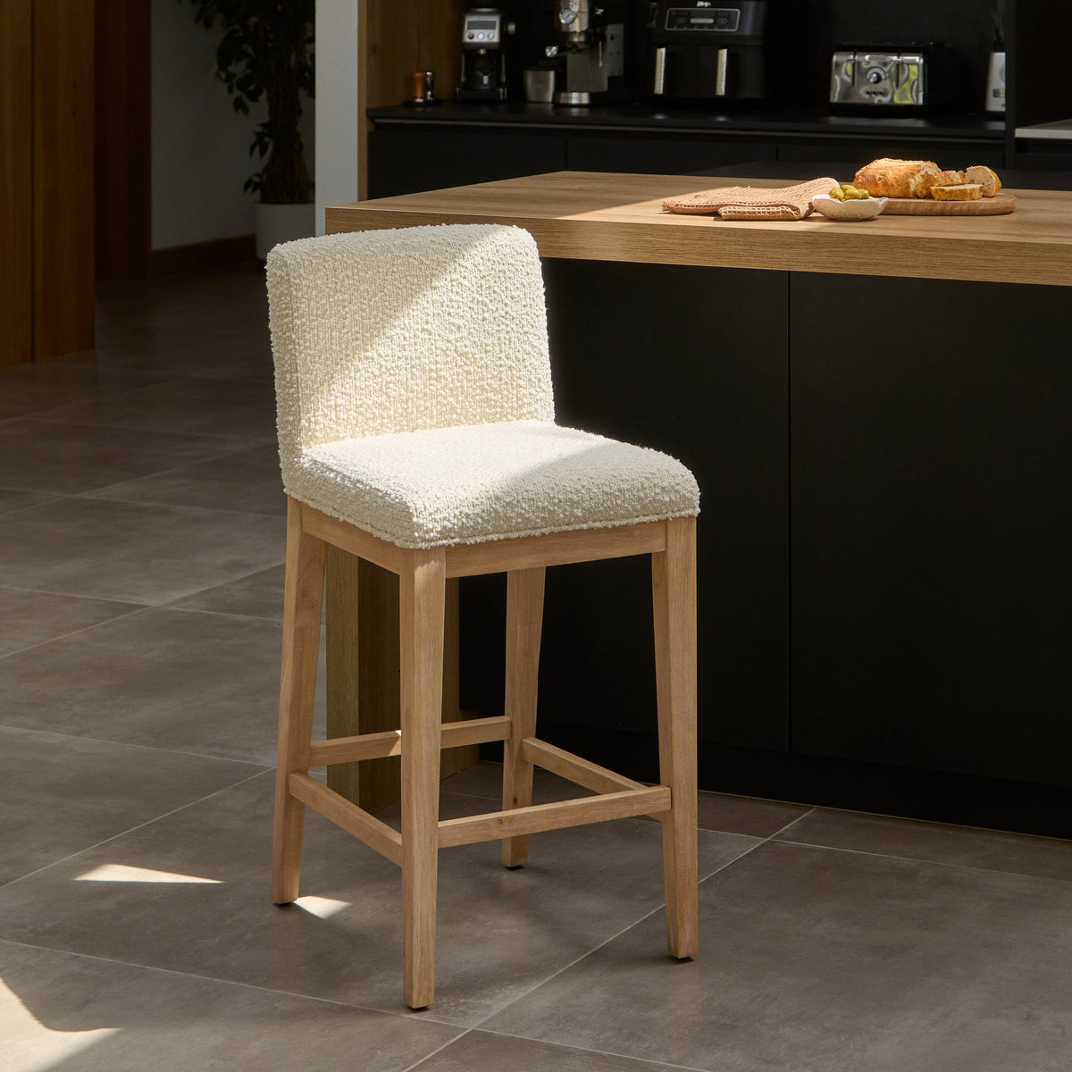 Nolan White Boucle Bar Stool - Whitewash Oak Legs - Laura James