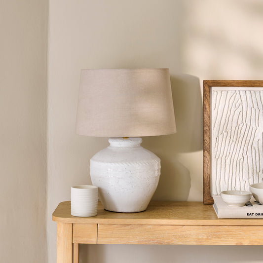 Merton Ceramic Lamp Base with Coningsby Taupe Shade - 40cm - Laura James