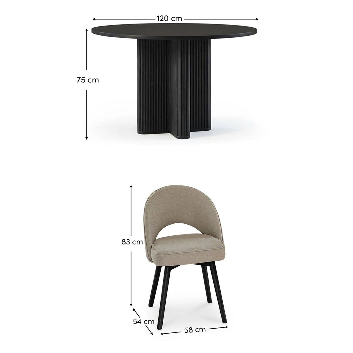 Orla Black Mango Wood Round Dining Table Set - 4 Seater - Marilyn Soft Beige Dining Chairs - Black Legs - Laura James 