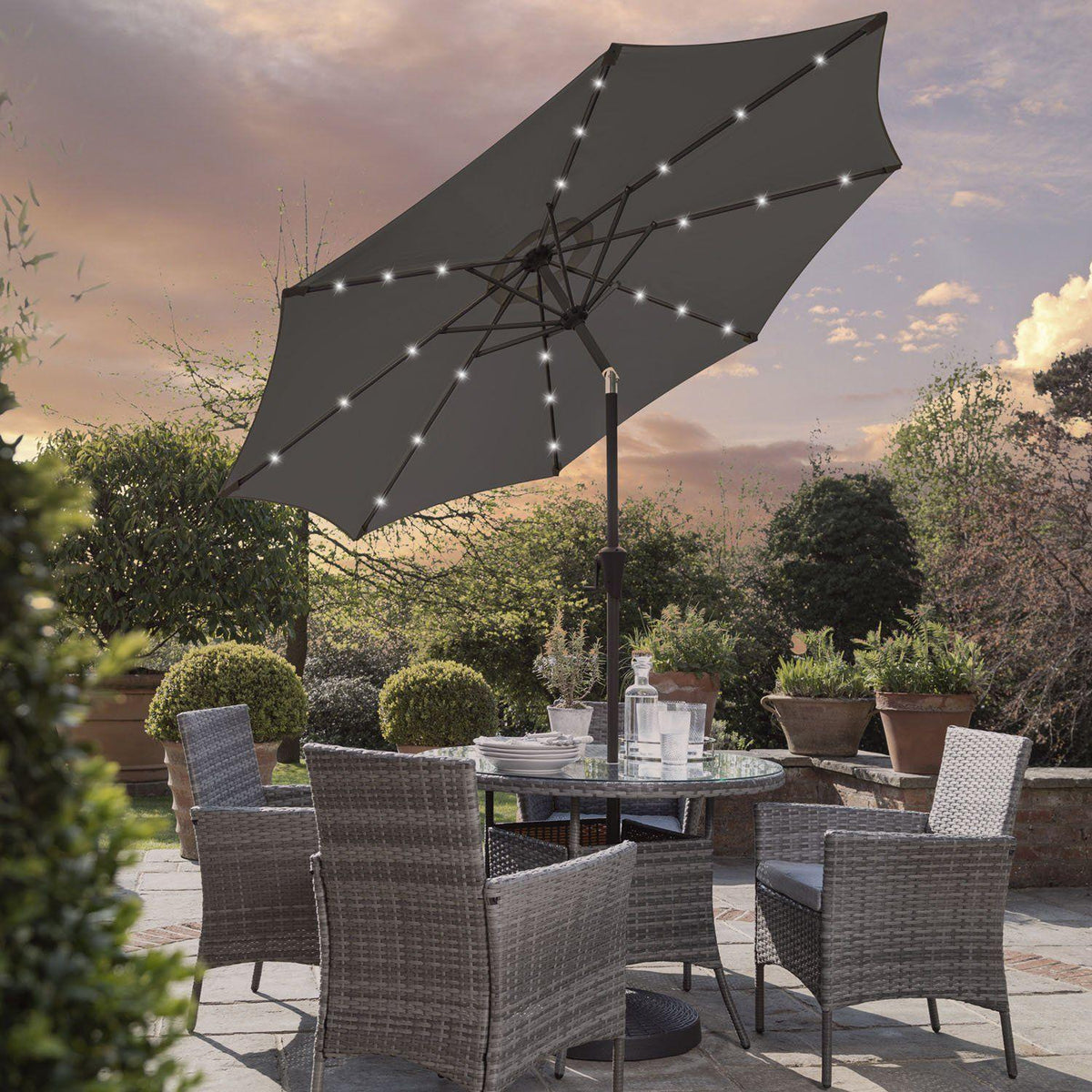 Kemble 4 Seater Rattan Round Dining Set with LED Premium Parasol and Parasol Rain Cover - Grey - Laura James