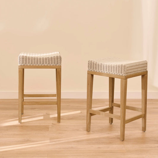 Reid Linen Grey Backless Bar Stools - Set of 2 - Whitewash Mindi Wood Legs - Laura James 