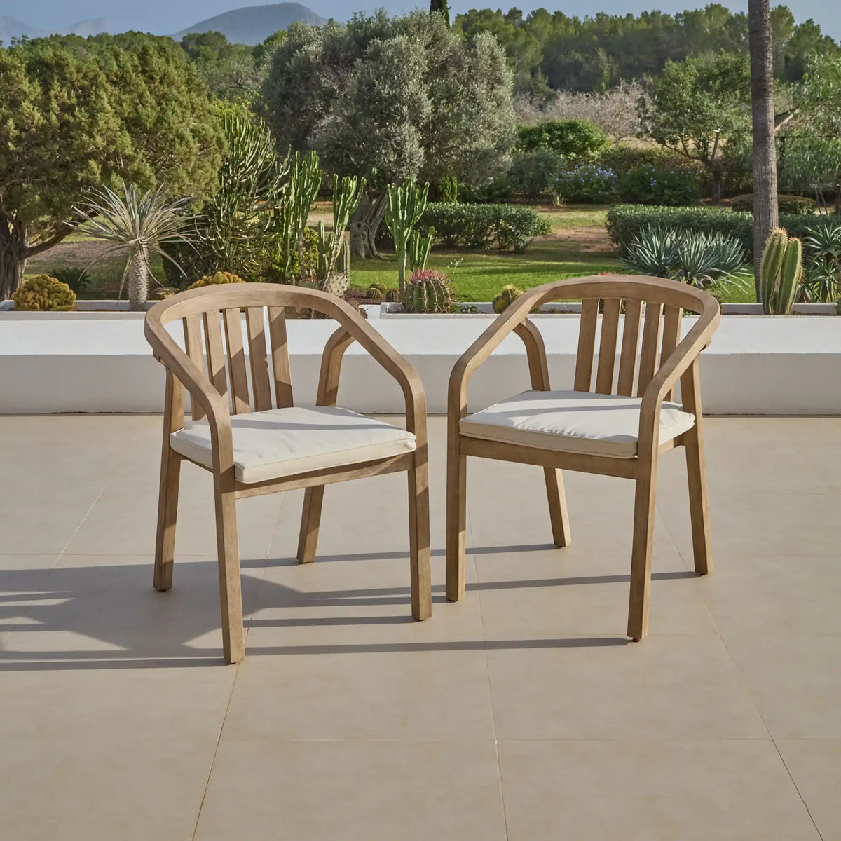 Shiro Wooden Garden Chairs with White Cushions - Set of 2 - Laura James 