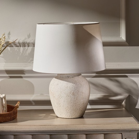 Selham 30cm Ceramic Lamp Base - Rustic White with Coningsby 35cm Cotton Lamp Shade - Snow White - Laura James
