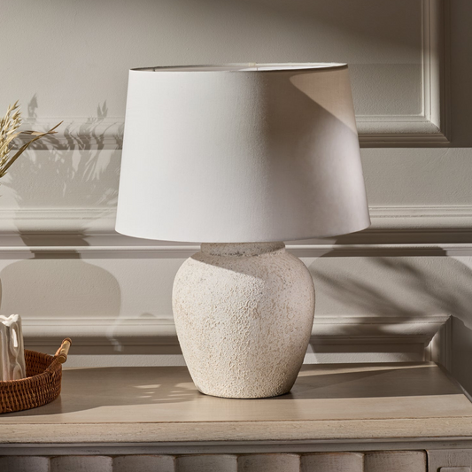 Selham 30cm Ceramic Lamp Base - Rustic White with Coningsby 35cm Cotton Lamp Shade - Snow White - Laura James