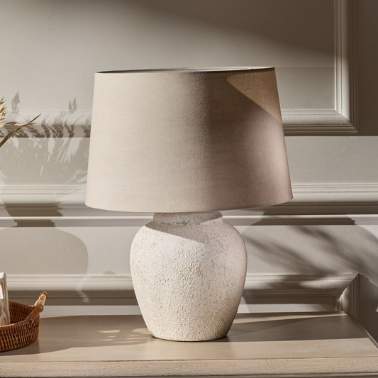 Selham 30cm Ceramic Lamp Base - Rustic White with Coningsby 35cm Cotton Lamp Shade - Taupe - Laura James