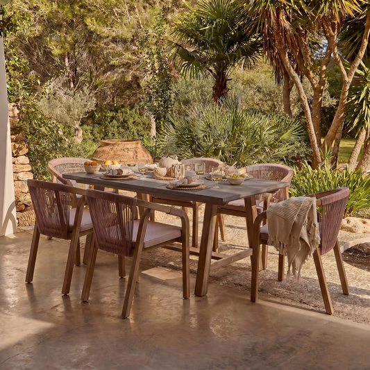 Shiro Dove Grey Concrete Dining Table Set - 6 Seater - Shiro Pink Rope Dining Chairs