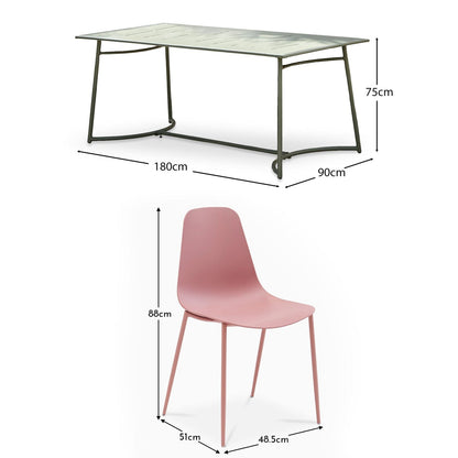 Wilder Rectangular Dining Table - Olive Green & 6 x Wren Garden Dining Chair - Dusty Pink - Laura James 