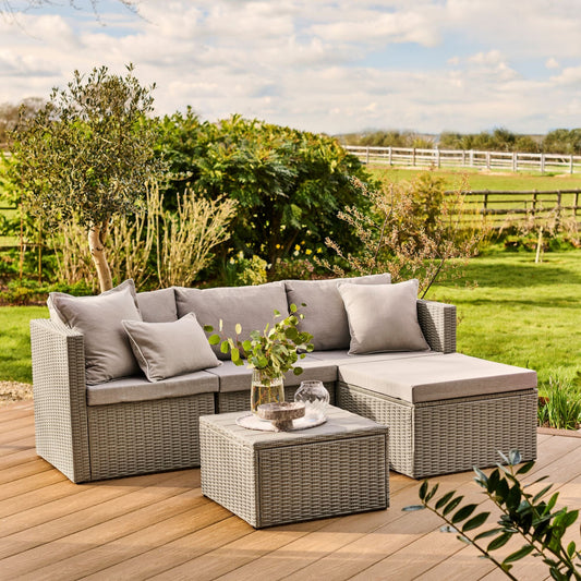 Weston 3 Seater Rattan Garden Corner Sofa Set - Light Grey with Stone Grey Cushions - Laura James