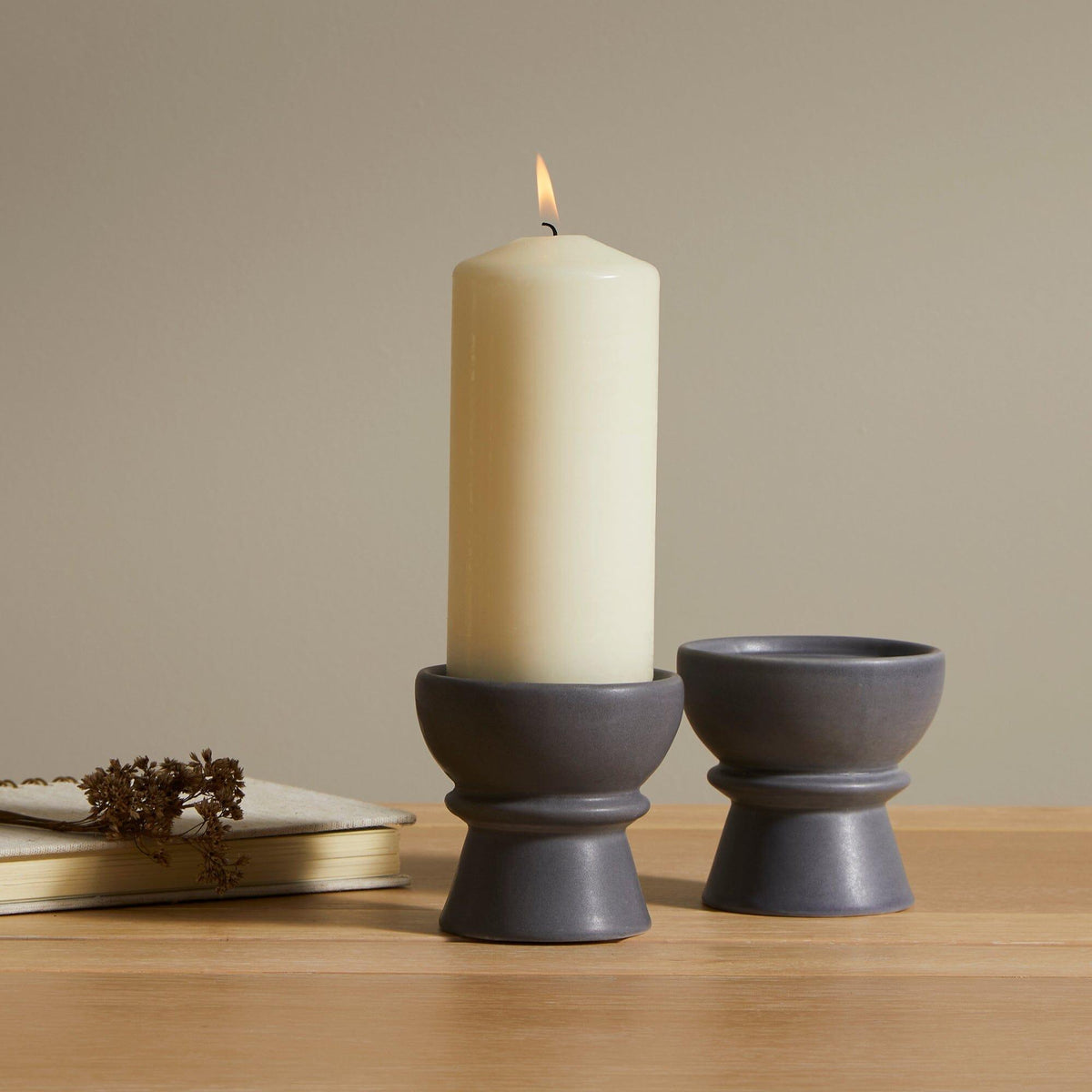 Ackton 9cm Ceramic Pillar Candle Holder - Set of 2 - Grey - Laura James