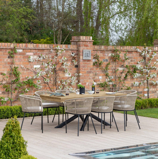 Amelia 8 Seater Natural Wood Black Legs Garden Dining Set - Hali Natural Chairs - Laura James 