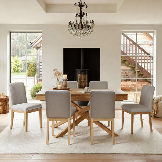 Amelia Whitewash Extending Dining Table Set - 6 Seater - Nolan Fawn Linen Dining Chairs - Whitewash Oak Legs - Laura James 