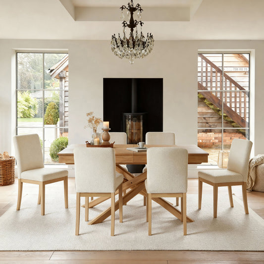 Amelia Whitewash Extending Dining Table Set - 6 Seater - Nolan Boucle Dining Chairs - Whitewash Oak Legs - Laura James 