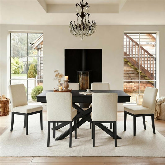 Amelia Black Extending Dining Table Set - 6 Seater - Nolan Boucle Dining Chairs - Black Oak Legs - Laura James 