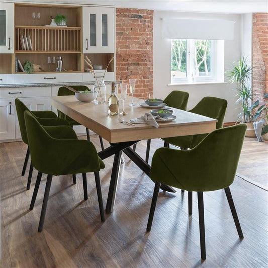 Amelia Whitewash Dining Table Set - 6 Seater - Freya Fern Green Carver Chairs - Black Legs - LauraJames 
