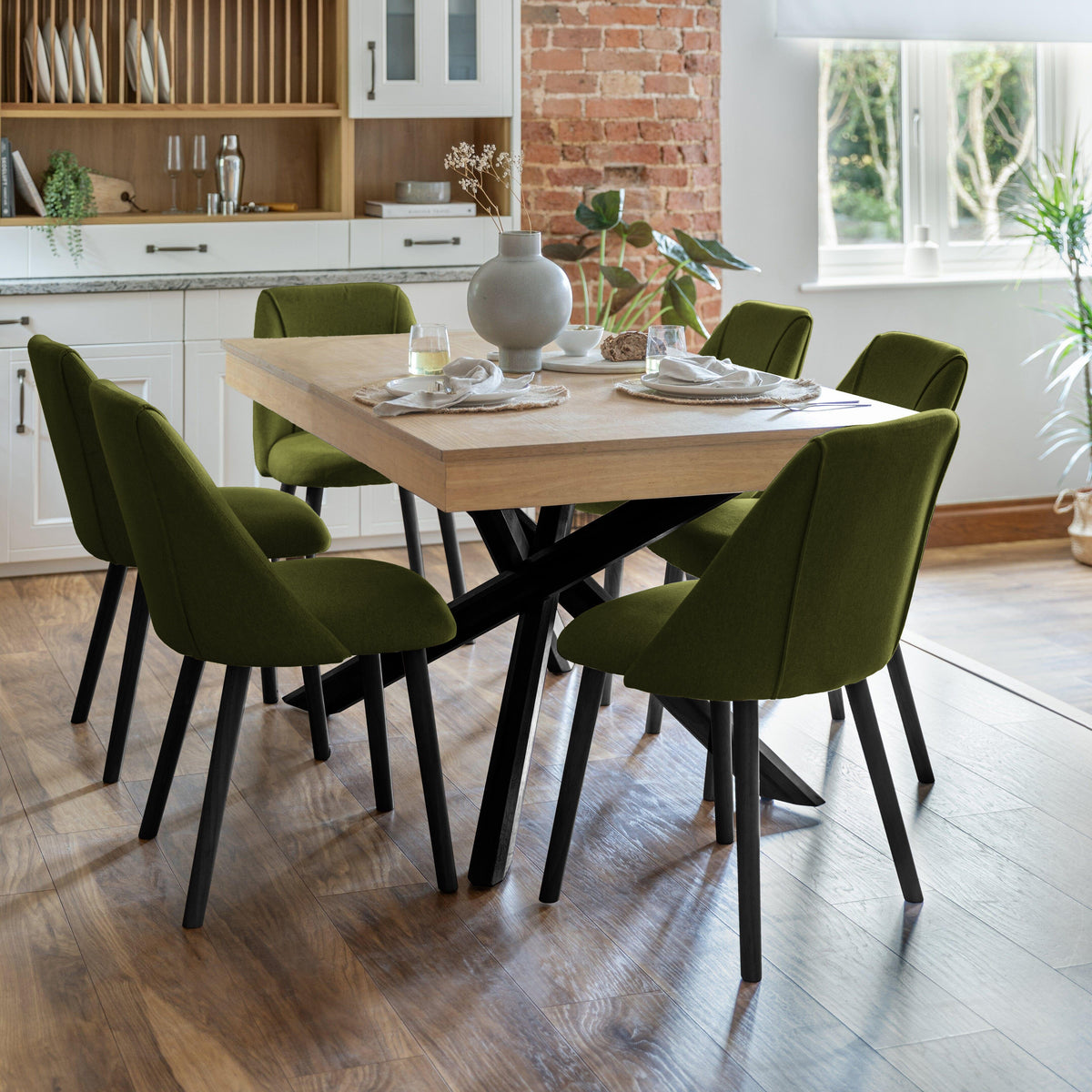 Amelia Whitewash Dining Table Set - 6 Seater - Freya Fern Green Carver Chairs - Black Legs - Laura James 
