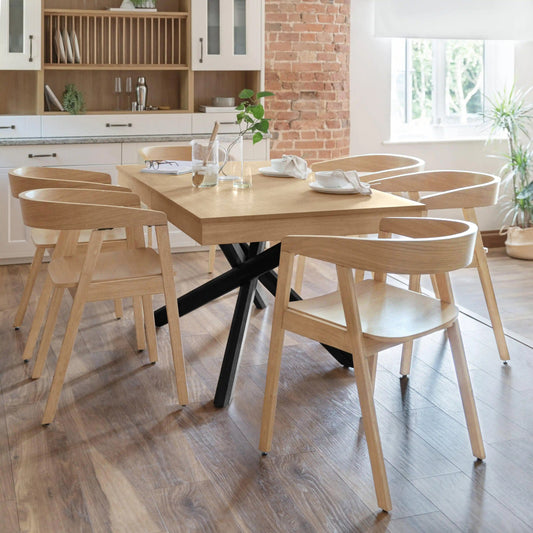 Amelia Pale Oak Extendable Dining Table Set Black Legs  - 6 Seater - Pale Oak Armchairs - Laura James 