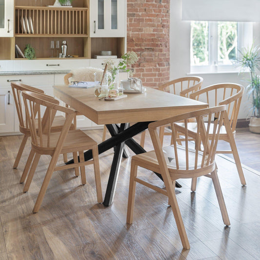 Amelia Whitewash Dining Table Set - 6 Seater - Pale Oak Spindle Back Chairs - Laura James