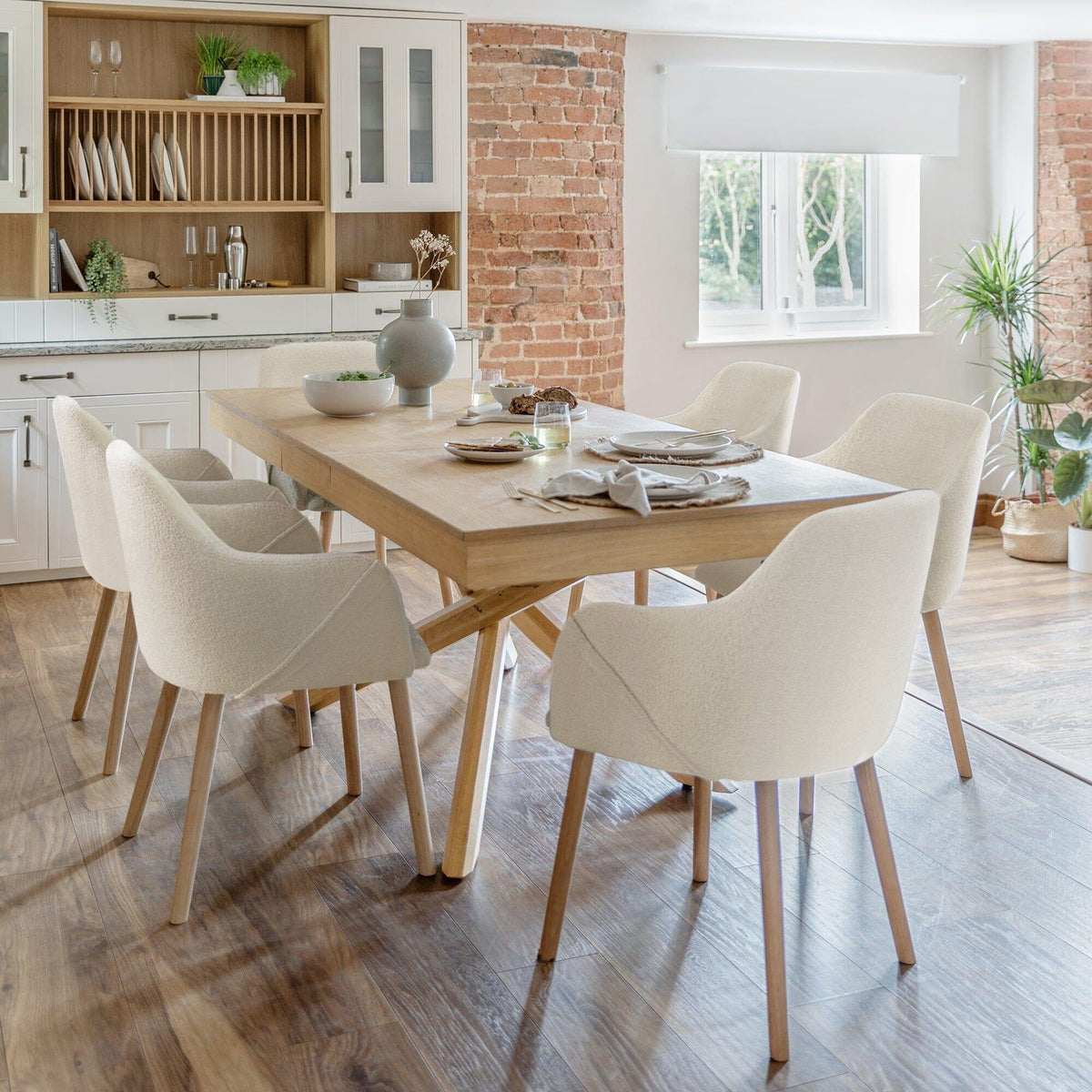 Amelia Whitewash Dining Table Set - 6 Seater - Freya Boucle Carver Chairs - Laura James 