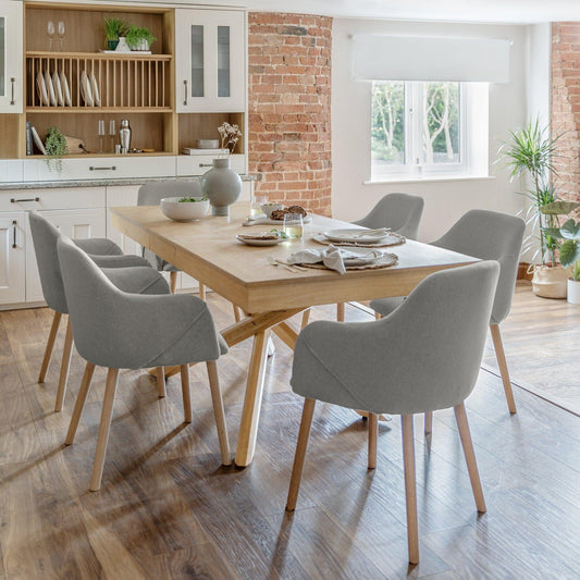Amelia Whitewash Wooden Dining Table Set - 6 Freya Fossil Twill Armchairs Chairs with Whitewash Legs - Laura James 