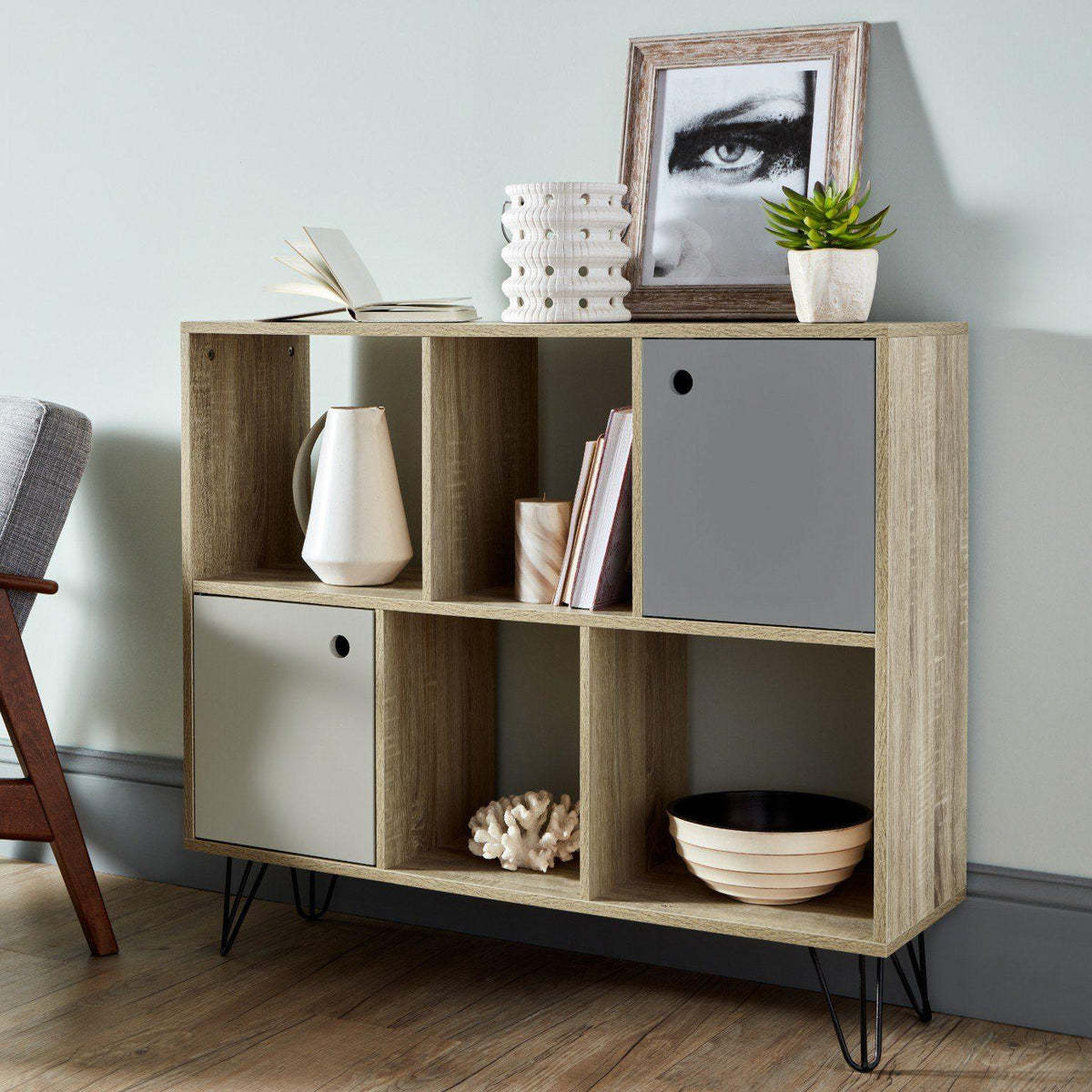 Anderson Oak Effect Mid Century Modern storage unit with grey cupboards - Laura James