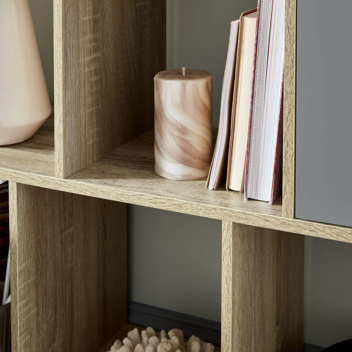 Anderson Oak Effect Mid Century Modern storage unit with grey cupboards - Laura James