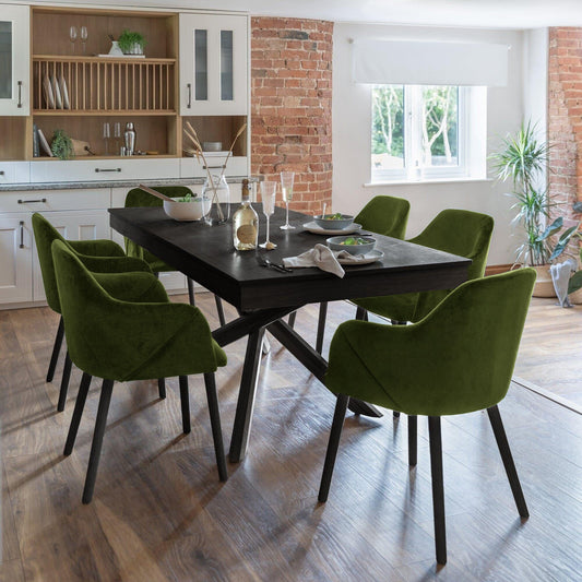 Amelia Black Dining Table Set - 6 Seater - Freya Fern Green Carver Chairs - Black Legs
 - Laura James