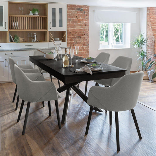 Amelia Black Dining Table Set - 6 Seater - Freya Fossil Carver Chairs with Black Legs - Laura James 