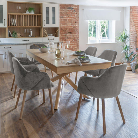 Amelia Whitewash Dining Table Set - 6 Seater - Freya Grey Carver Chairs - Whitewash Oak Legs