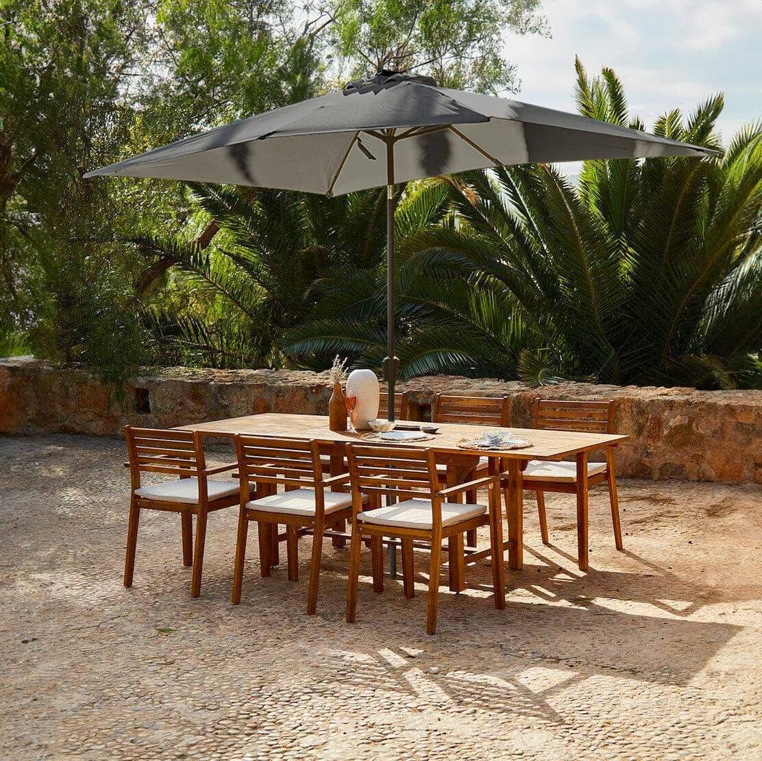 Aspen 6 Seater Wooden Extendable Garden Dining Set with Cushions - Grey Parasol - Laura James