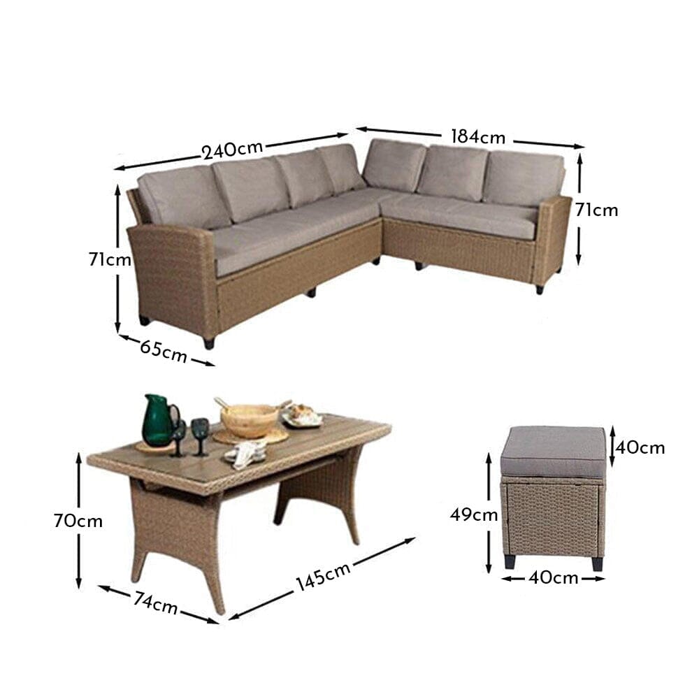 Aston 9 Seater Rattan Corner Sofa Set with Grey LED Premium Parasol with Polywood Table Top - Natural Brown
