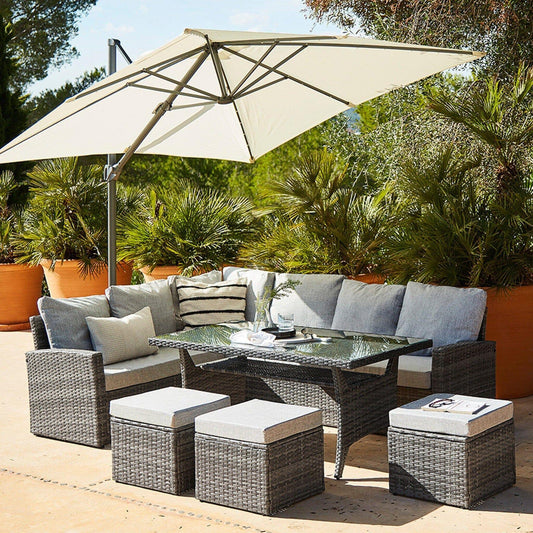 Aston rattan corner sofa set - cream LED cantilever parasol - 9 seater - grey - Laura James