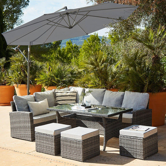 Aston Rattan Corner Sofa Set - Grey Lean Over Parasol - 9 Seater - Grey - Laura James