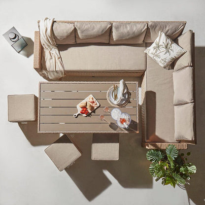 Aston rattan Corner Sofa Set premium grey LED parasol - 9 seater - natural brown - polywood table top