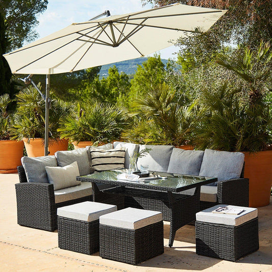 Aston rattan corner sofa set - cream lean over parasol - 9 seater - black - Laura James