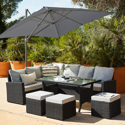 Aston Rattan Outdoor Corner Sofa Set - Grey LED Cantilever Parasol - 9 Seater - Black - Laura James
