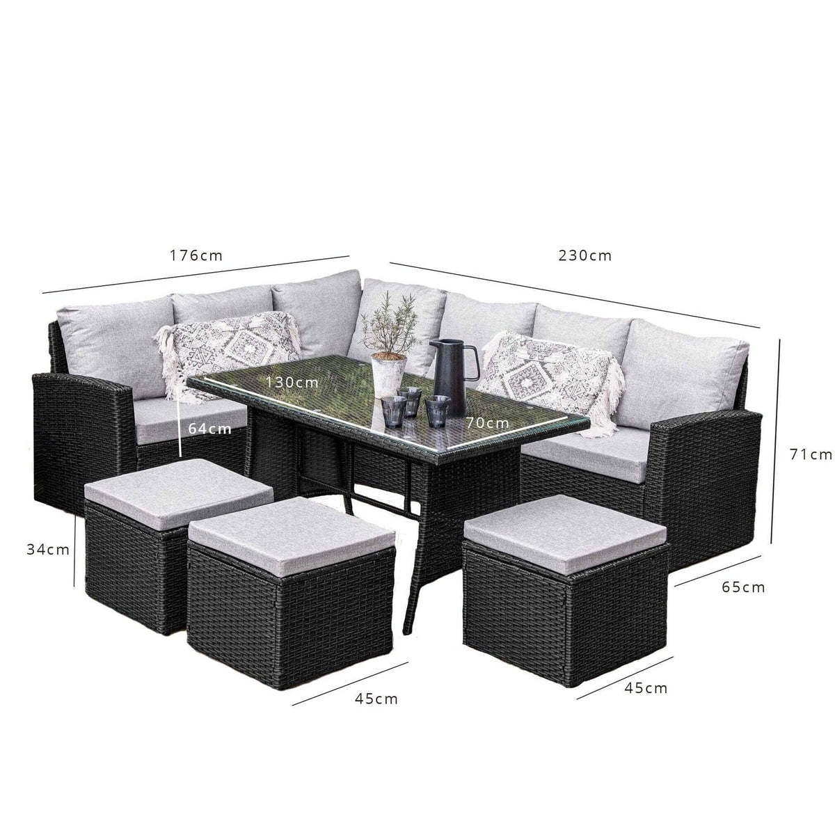 Aston Rattan Corner Sofa Set Polywood Top - Cream Lean Over Parasol - 9 Seater - Black