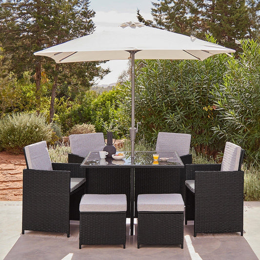 Cube 8 Seater Rattan Outdoor Dining Set with Cream LED Premium Parasol - Mixed Black Weave
