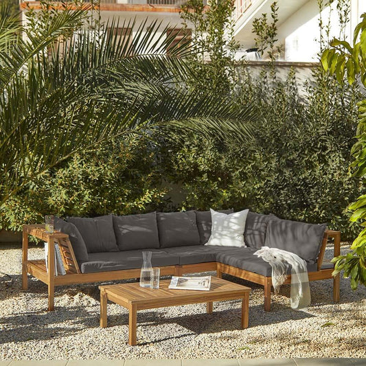 Dakota Corner Wooden Sofa Set with Cream LED Premium Parasol- Grey Cushions