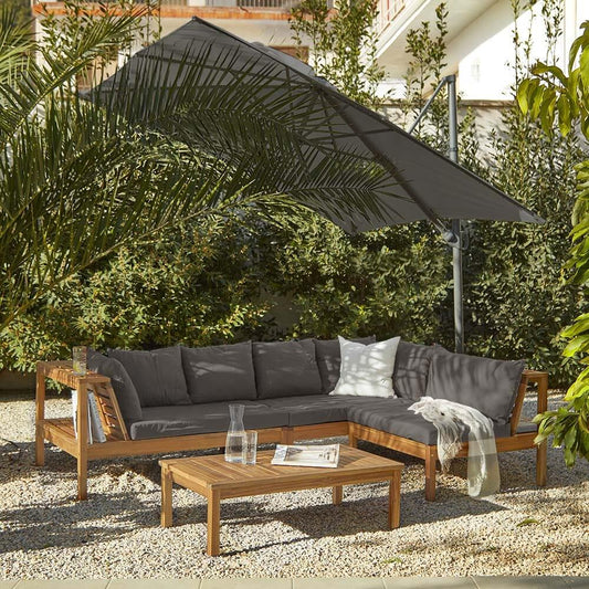 Dakota Corner Wooden Sofa Set with Grey LED Premium Parasol- Grey Cushions
