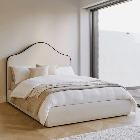 Odette King Size Ottoman Bed - Ivory - Jet Black Piping - Laura James