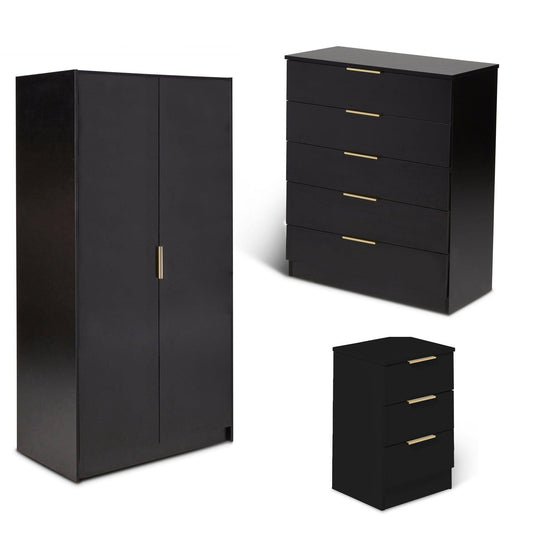 Essie 3 Piece Bedroom Set - 5 Chest of Drawers - Pitch Black