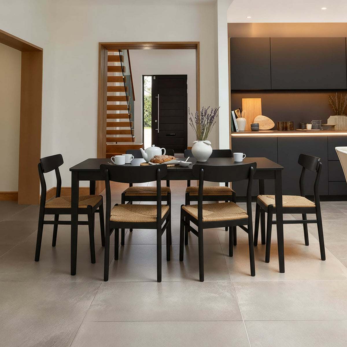 Paul Black Oak Large  Extending Dining Table Set - 6 Seater - Faye Wooden Black Dining Chairs - Laura James 