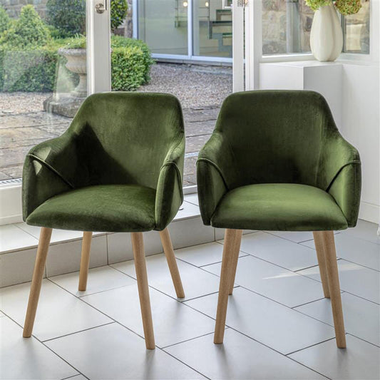 Freya Fern Green Dining Armchairs - Set of 2 - Chalked Mango Wood Legs - Laura James