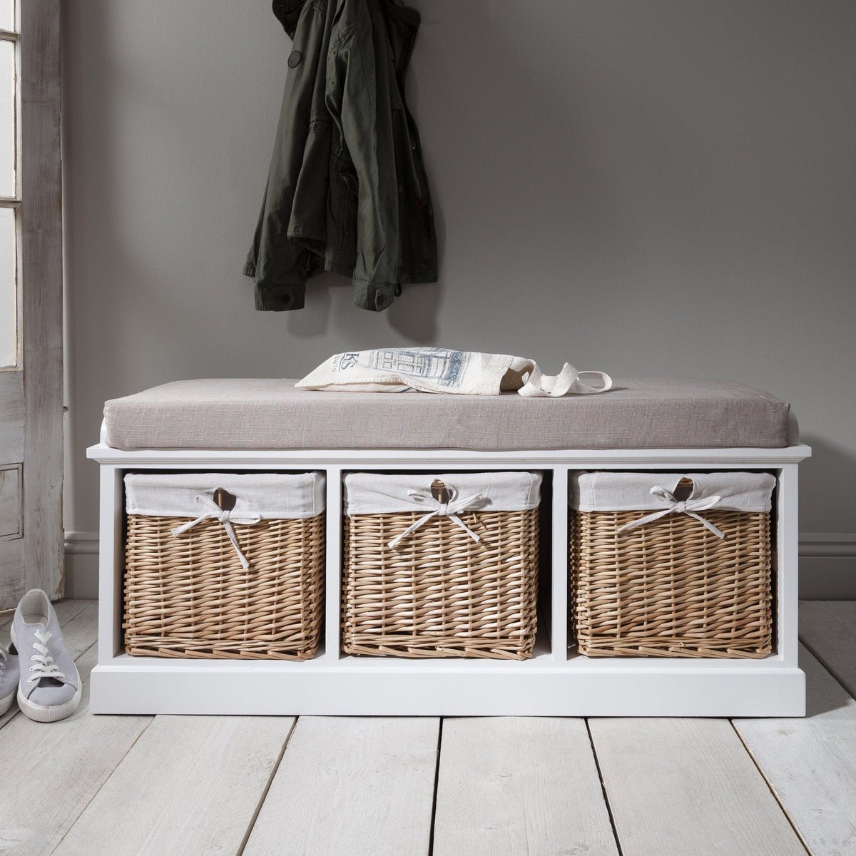 Fyfield Hallway Storage Bench in White with cushion - Laura James