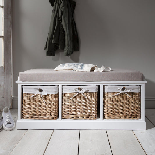 Fyfield Hallway Storage Bench in White with cushion - Laura James