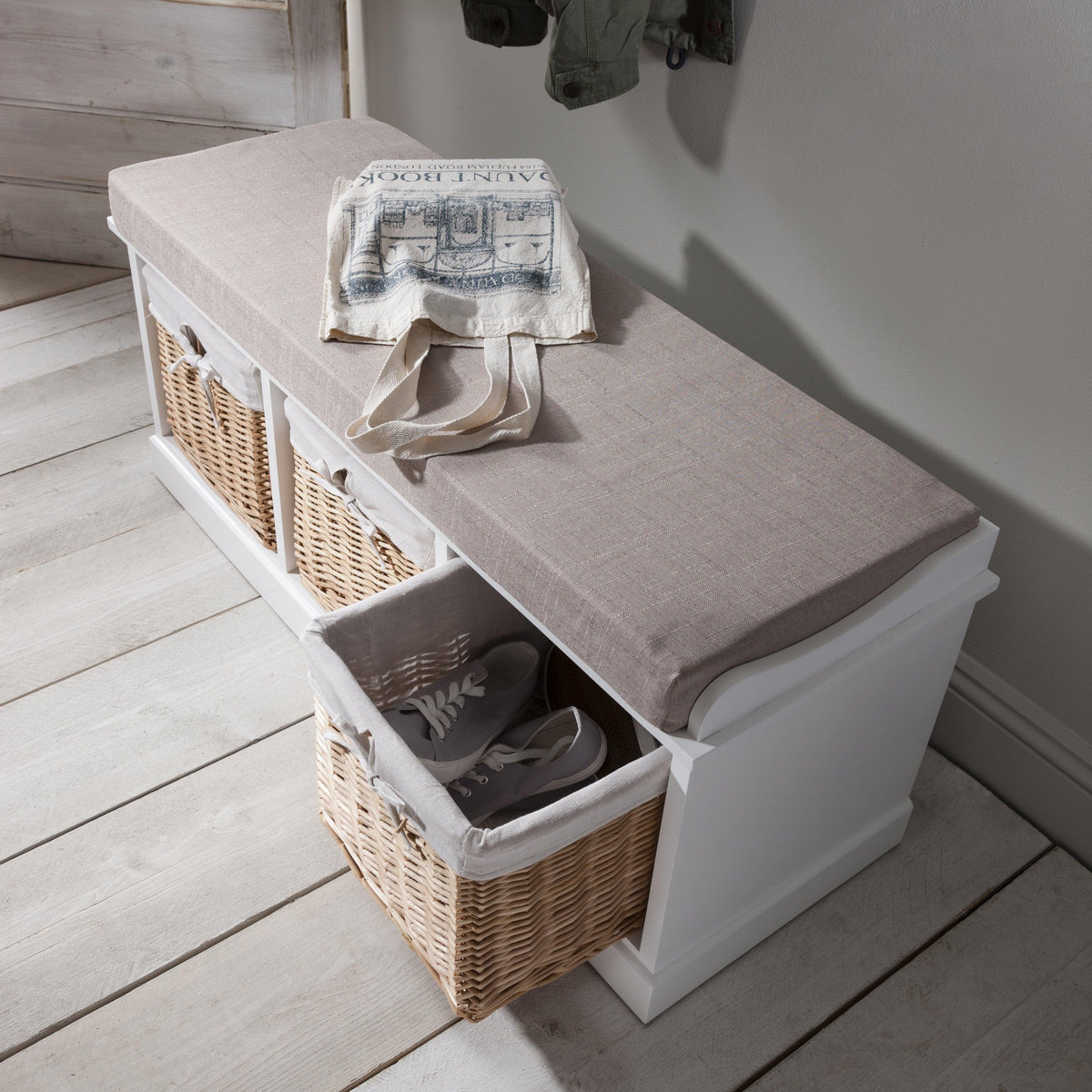 Fyfield Hallway Storage Bench in White with cushion - Laura James