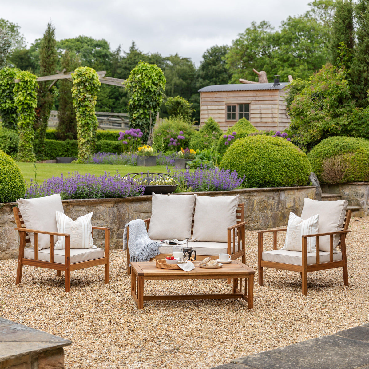 Harrelson Outdoor Wooden Double Sofa Set with 2 Armchairs & Cream LED Parasol - Laura James
