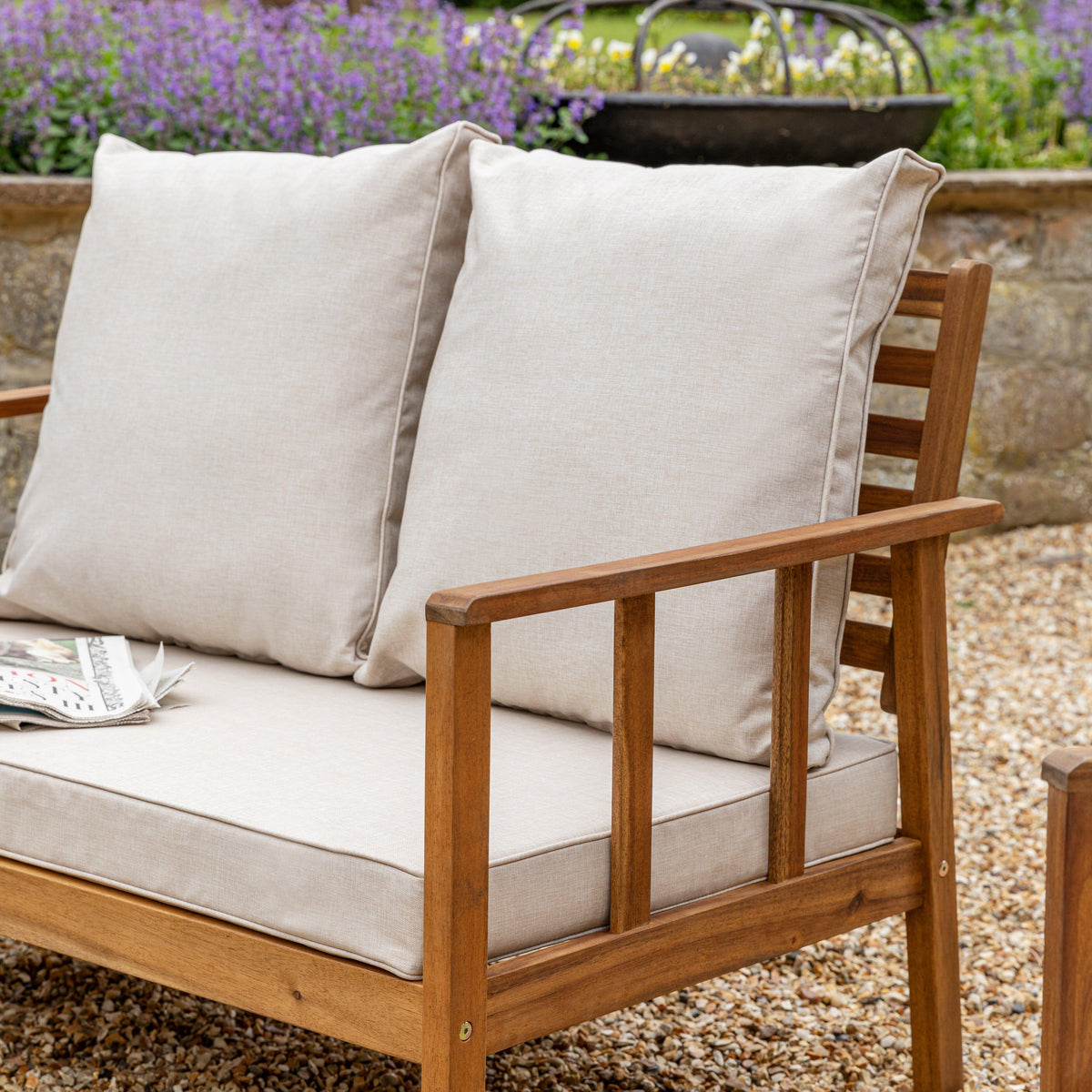 Harrelson Outdoor Wooden Double Sofa Set with 2 Armchairs & Cream LED Parasol - Laura James