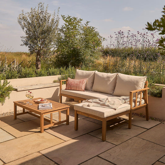 Harrelson 3 Seater Wooden Garden Chaise Corner Set - Natural Acacia and Sand - Laura James